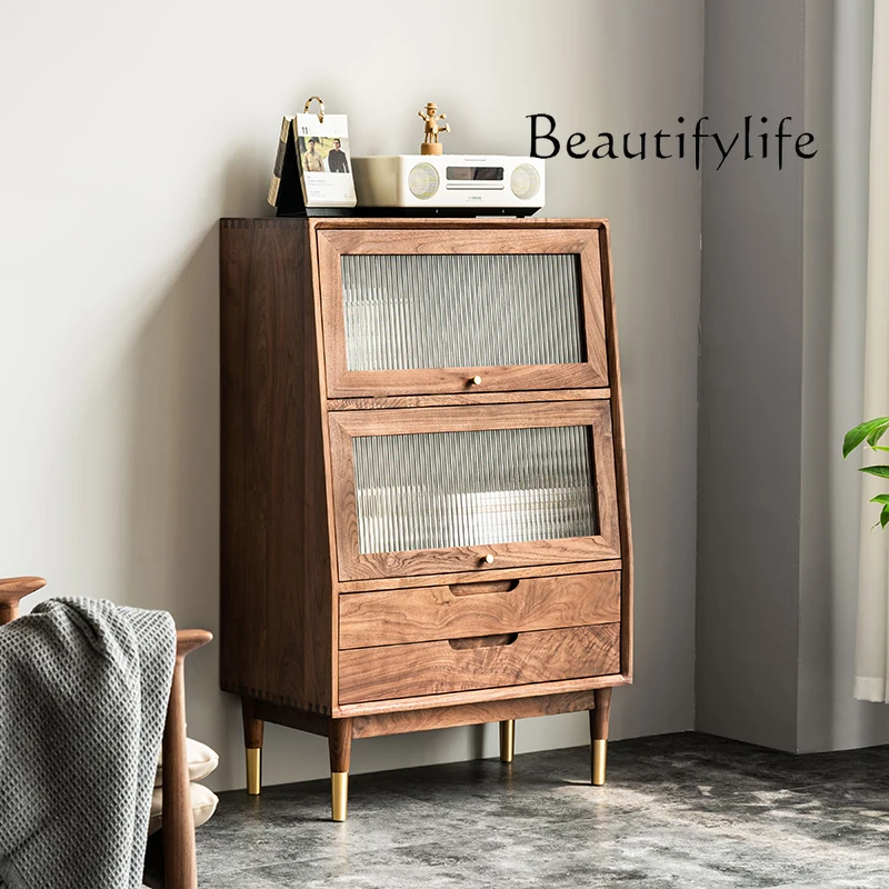 Nordic Black Walnut Solid Wood TV Side Cabinet Antique Sofa Clothes Closet Modern Simple Storage Chest of Drawers