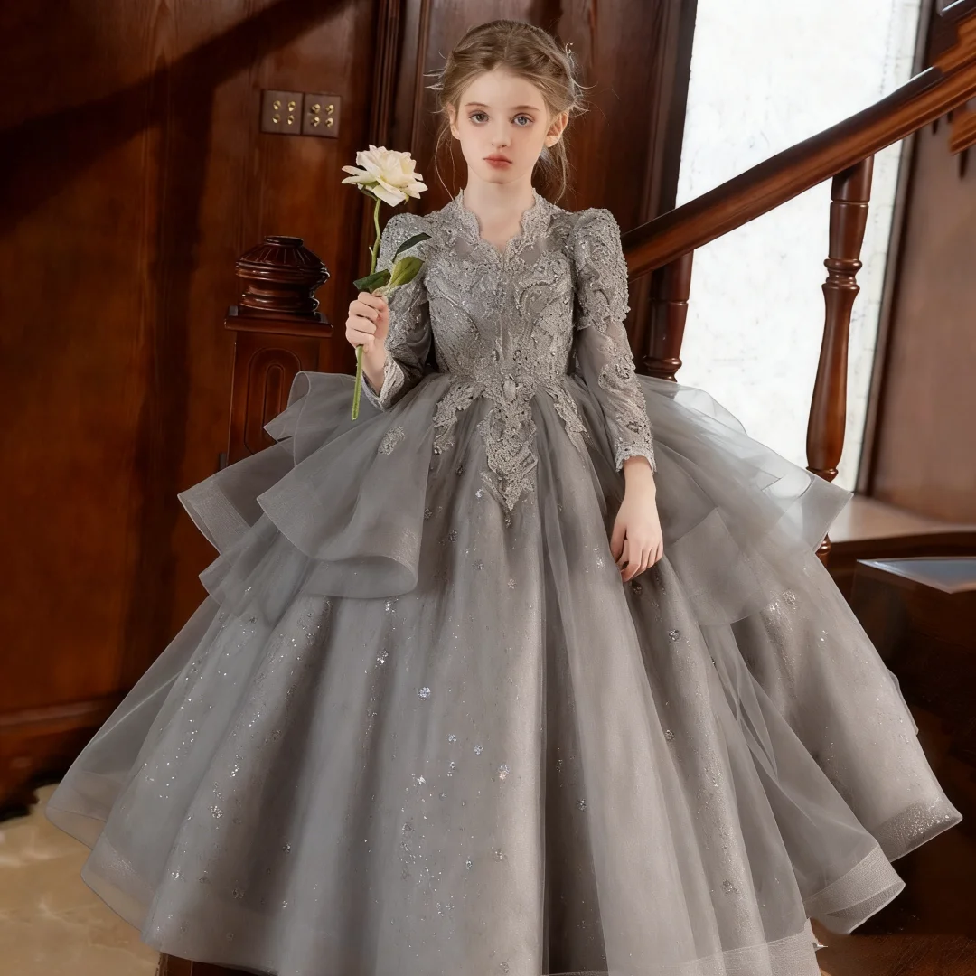 Sukienka księżniczki, ekskluzywna, na wybieg, dla dziewczynki sypiącej kwiatki, na wesele, sukienka dla małej dziewczynki, sukienka dla dzieci na występ fortepianowy, z długim rękawem.