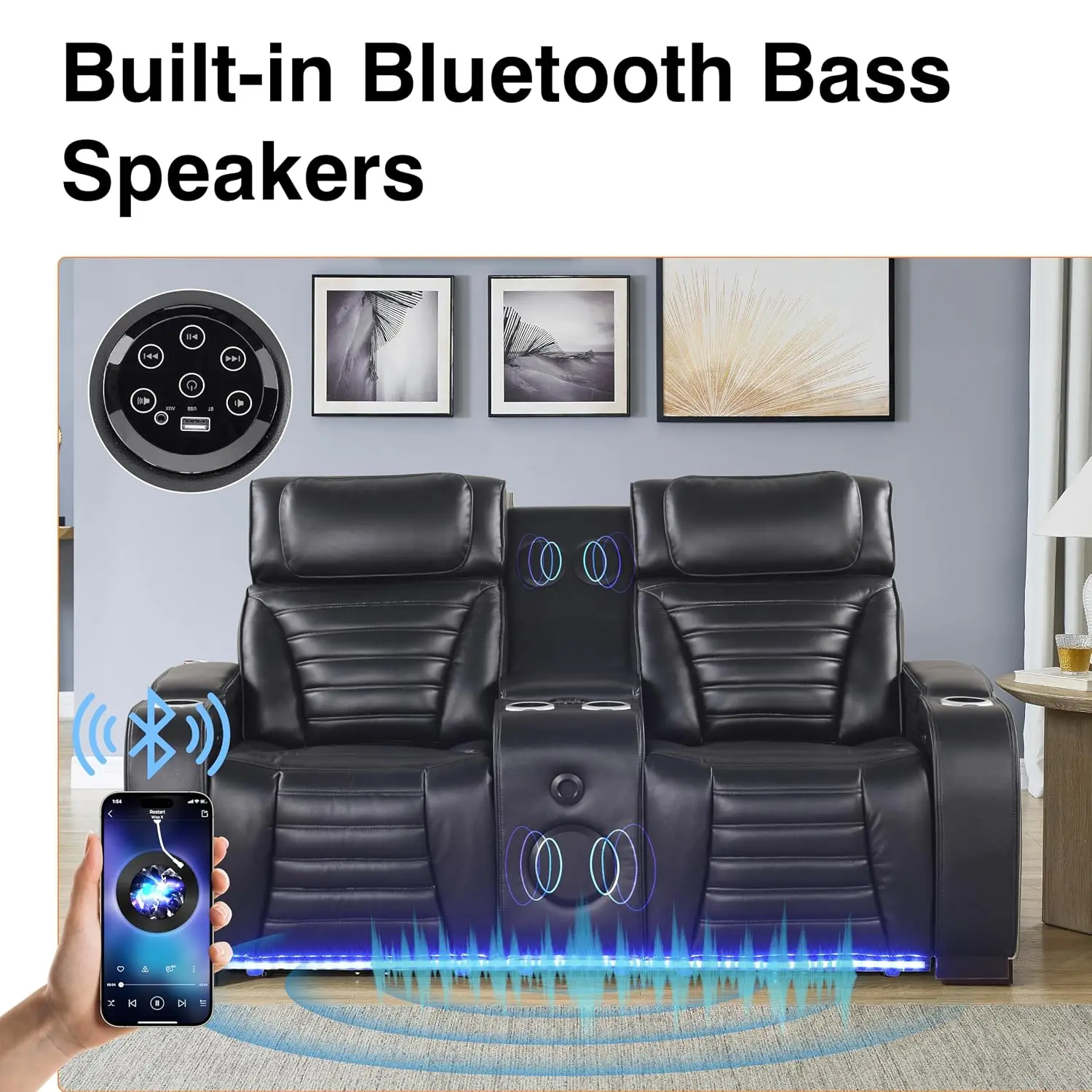 Black Leather Power Recliner Sofa Loveseat with Arm Storage & Power Headrest, Bluetooth Speaker for Living Room, Customized