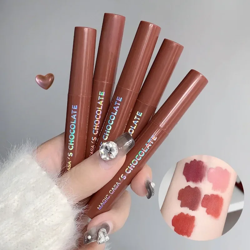 5Pcs/Set Chocolate Color Lip Glaze Tint Velvet Matte Lipstick Korean Cosmetics Long-lasting Lip Gloss Lipstick Milk Coffee Color