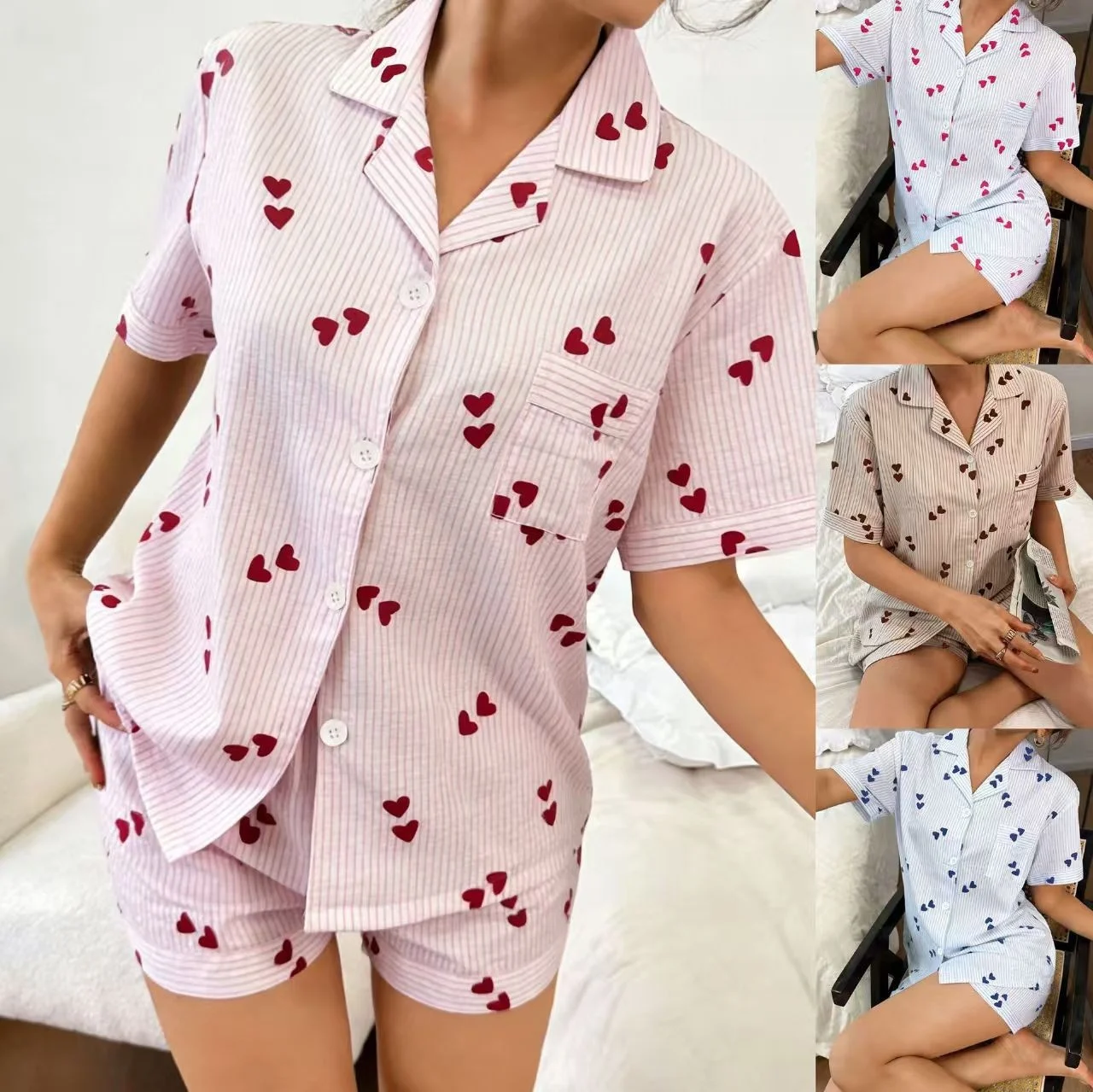 

New Flip Collar Short Sleeve Heart Stripe Top And Shorts Set Home Clothes Spring Season Straight Leg Spring Home Comfortable