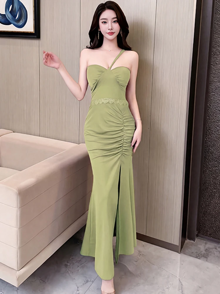 

Summer Green Patchwork Lace Pleated Bodycon Long Dress 2026 Korean Vintage Luxury Sling Dress Women Elegant Fesitval Night Dress
