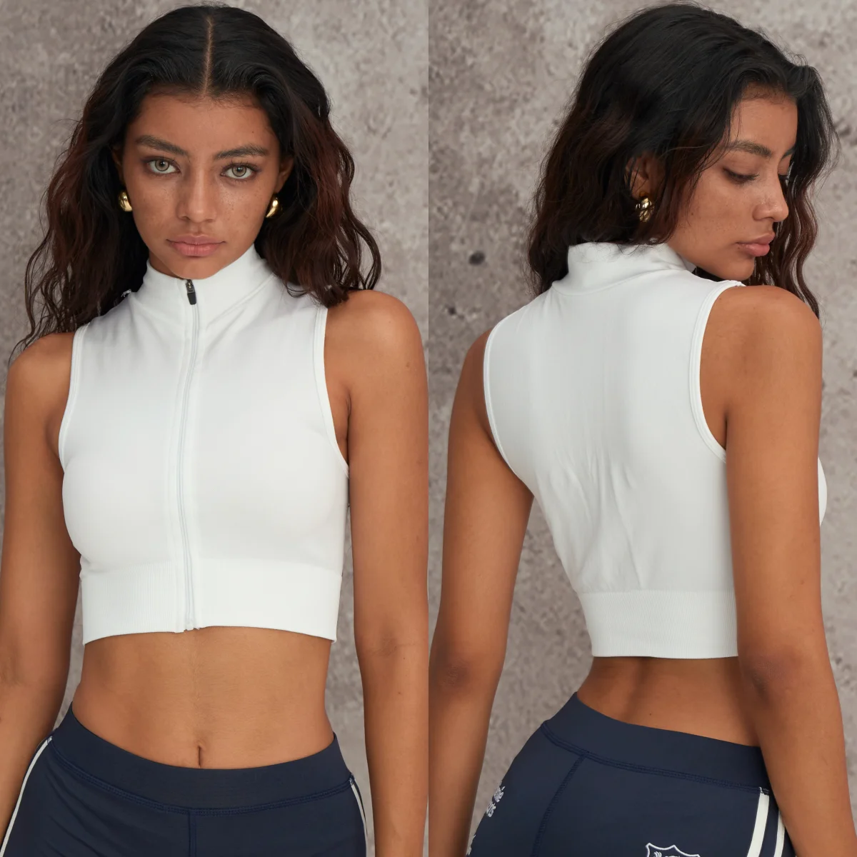 Women Sports Top Seamless Zip-up Stand Collar Jogging Vest Soft Sleeveless Crop Top Stretchy Shockproof Gym Fitness Tank Top