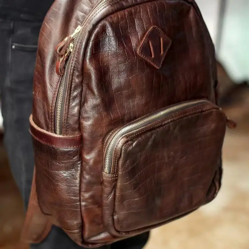 Vintage handmade vegetable tanned cowhide men's women's backpack casual outdoor travel work genuine leather laptop bookbag
