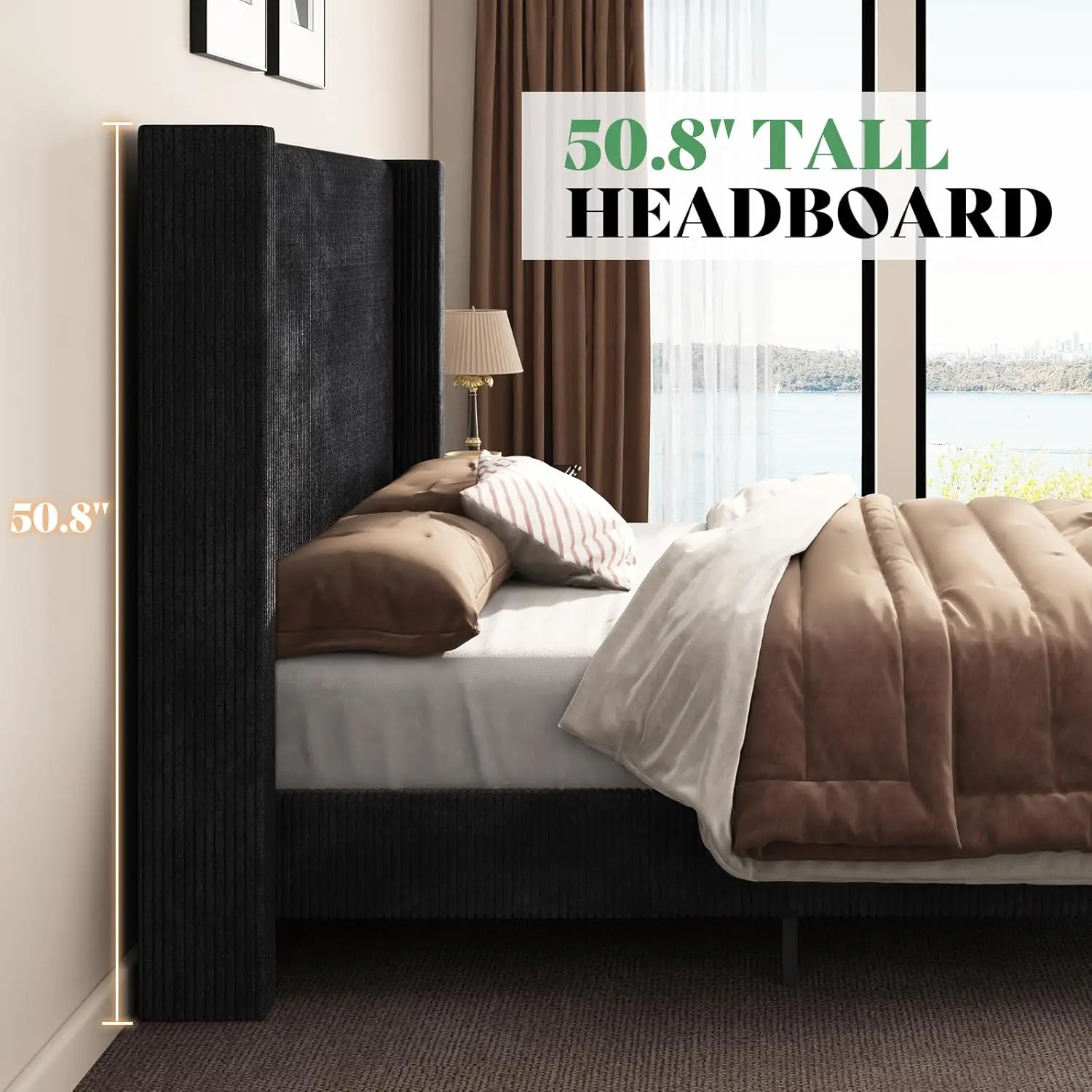 إطار سرير منجد مع سرير بمنصة أمامية طويلة 50.8 بوصة مع أرجل خشبية صلبة وشرائح خشبية سروال قصير/بدون صندوق زنبركي N