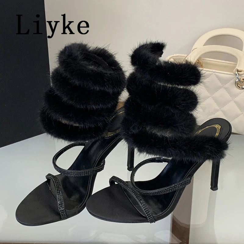 

Liyke Summer Rhinestone High Heels Sandals Women Black Feathery Fur Ankle Strap Snake Twine Around Wedding Prom Shoes Stiletto