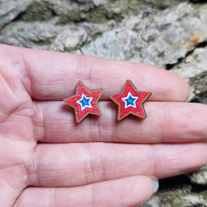 New American Independence Day Earrings Hat Flag Five Star Tie Woodnail Earrings July 4th US Flag Colored Earrings Decoration