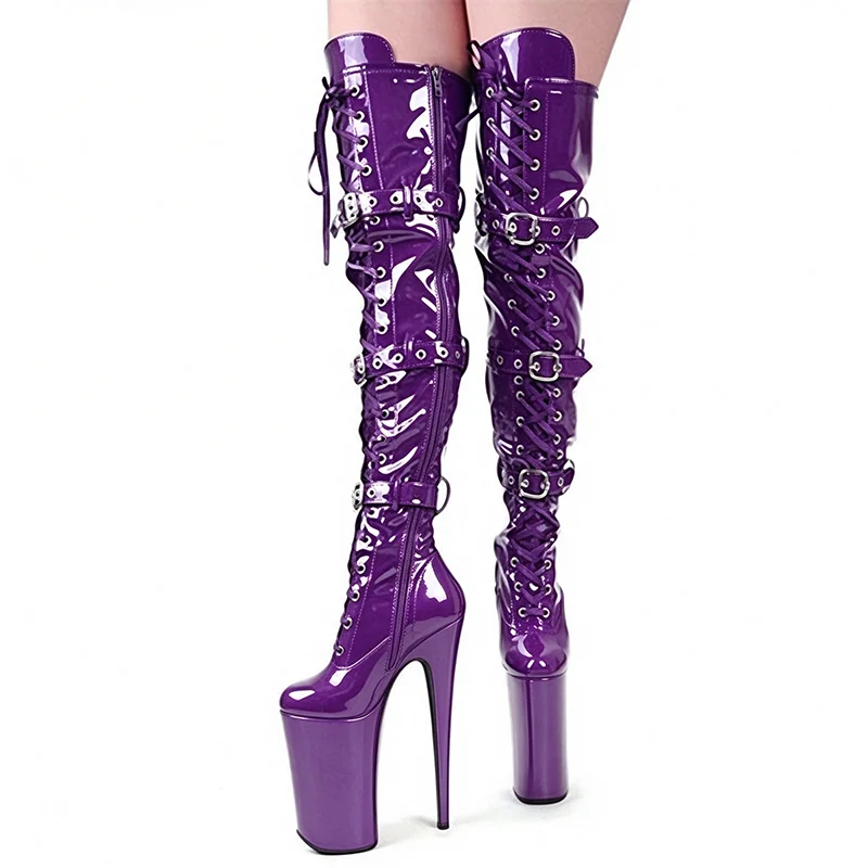 Women 26CM Ultra High Heel Platform Thigh High Boots Bright Snake Patent Leather Lace-up Pole Dance Over-the-Knee Boots