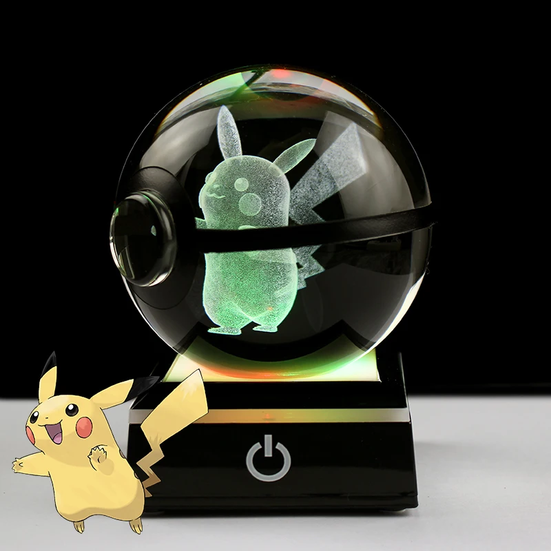 Drop-shipping 8cm Hi-Q Pikachu Gengar Mew Mewtwo Pokemon Crystal Ball With Black Square LED Base Anime Game Event Souvenir Gifts