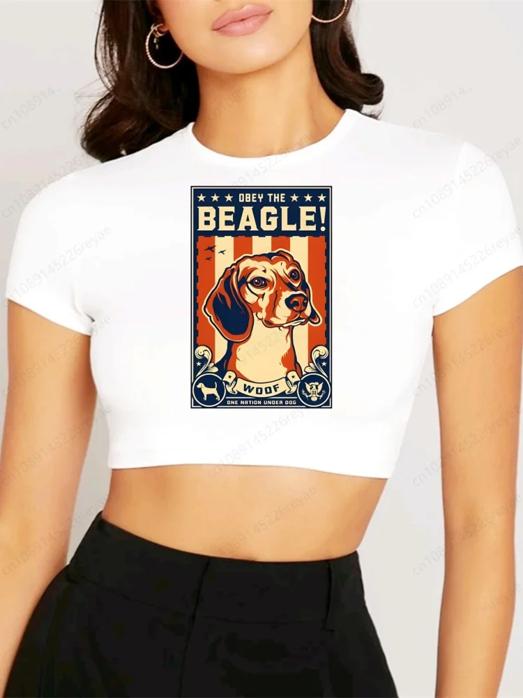 Tshirts Women Fashion Summer Crop Tops Hip Hop Girl Printed Beagle Bagel Dog Top Navel Shirt Streetwear Harajuku Funny Tshirt