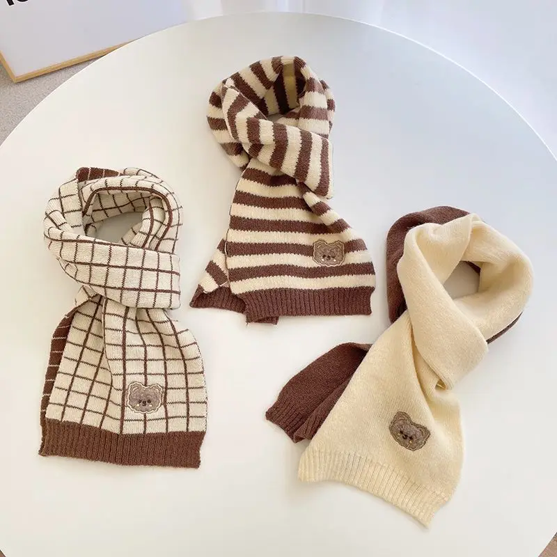 

Cute Bear Baby Knit Scarf Fashion Plaid Striped Kids Scarves Winter Warm Children Neckerchief Coffee Series Boy Girl Neck Collar
