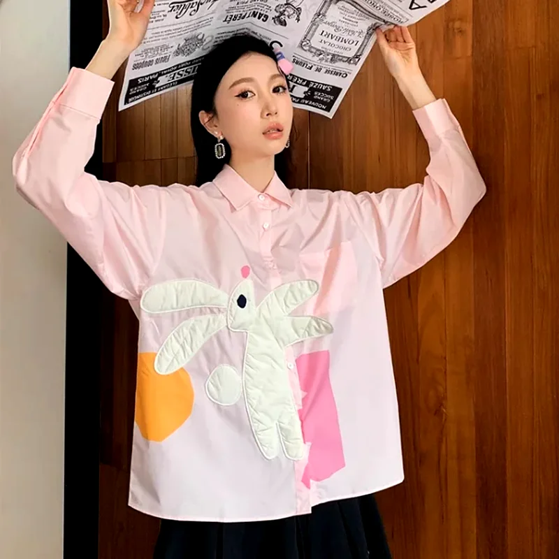 

Korean Women's Feminino Blouses Cartoon Cute Rabbit Appliques Shirts Nice Party Peter Pan Preppy Lovely Ladies Shirts Tops NZ246