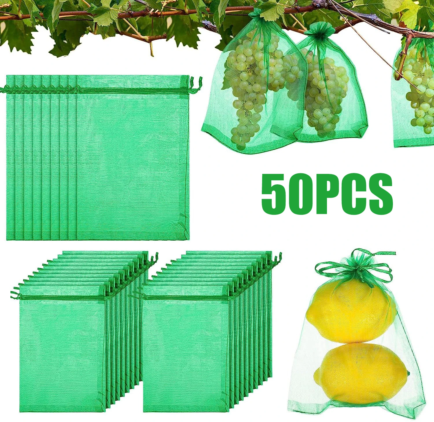 

50Pcs Fruit Protection Bags Anti-Bird Netting Cover Green Mesh Barrier Bags with Drawstring Protecting Fruit From Insect 20*30CM