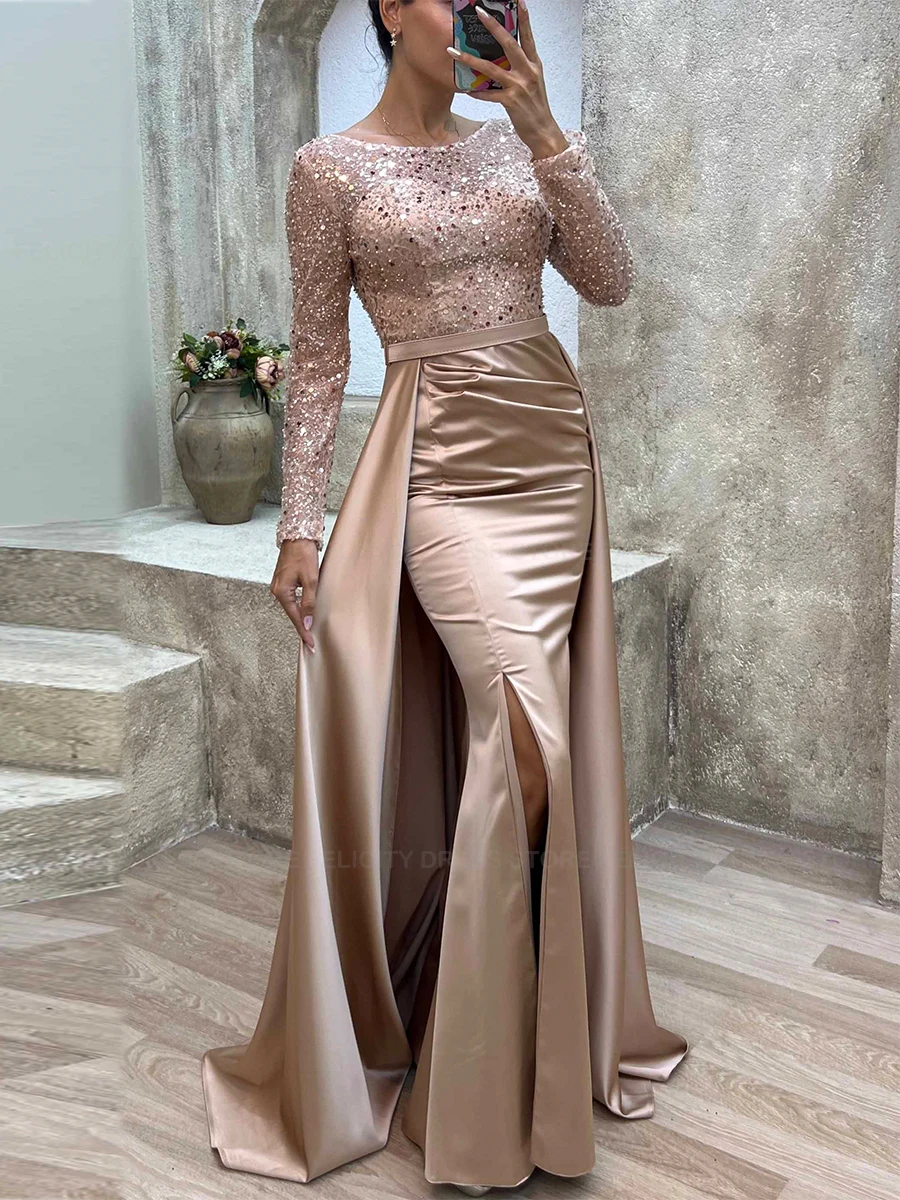 Sparkly Mother of the Bride Dress 2023 Mermaid O-Neck Formal Wedding Guest Dresses Lace Sequins Floor-Length Evening Party Gowns