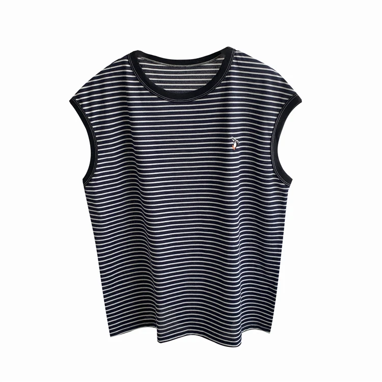 Retro Blue Penguin Embroidery Svel Striped T-irt Lightweight round Ne Summer Top for Women Breathable Cotton Blend
