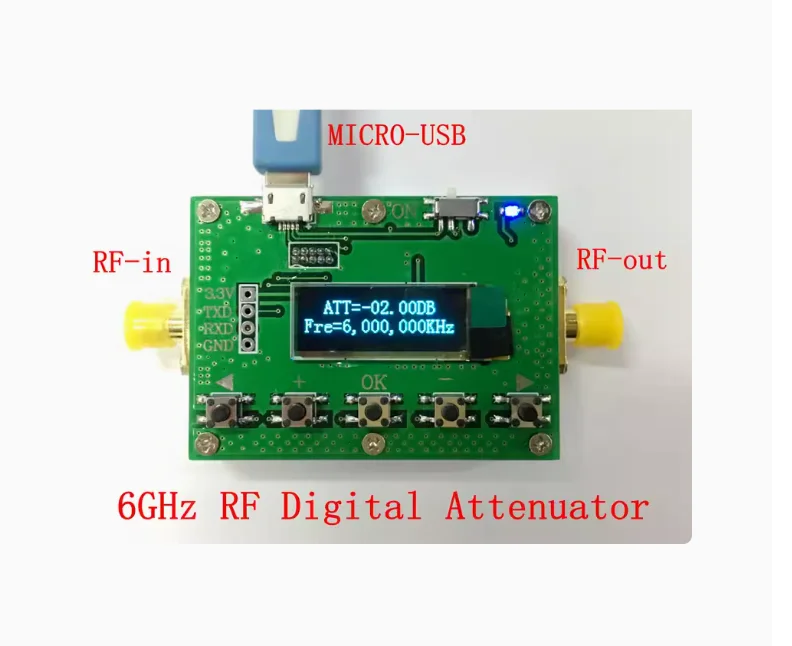 6G Digital Programmable Attenuator 30DB Step 0.25 RF Module LF-6GHz 30DB Step Size 0.25DB OLED Display SMA 0-31.75dB