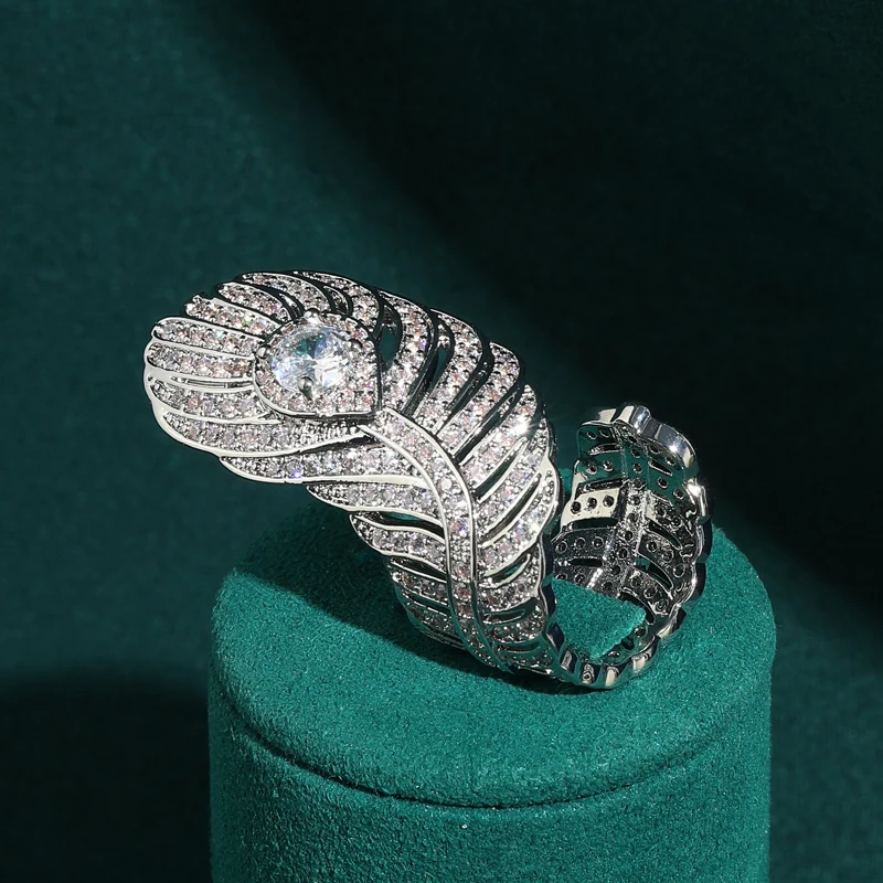 

Brand Vintage Silver Color Feather Rings Cubic Zircon Women Luxury Party Accessories Art Deco 2026 High Quality New Trends Gift