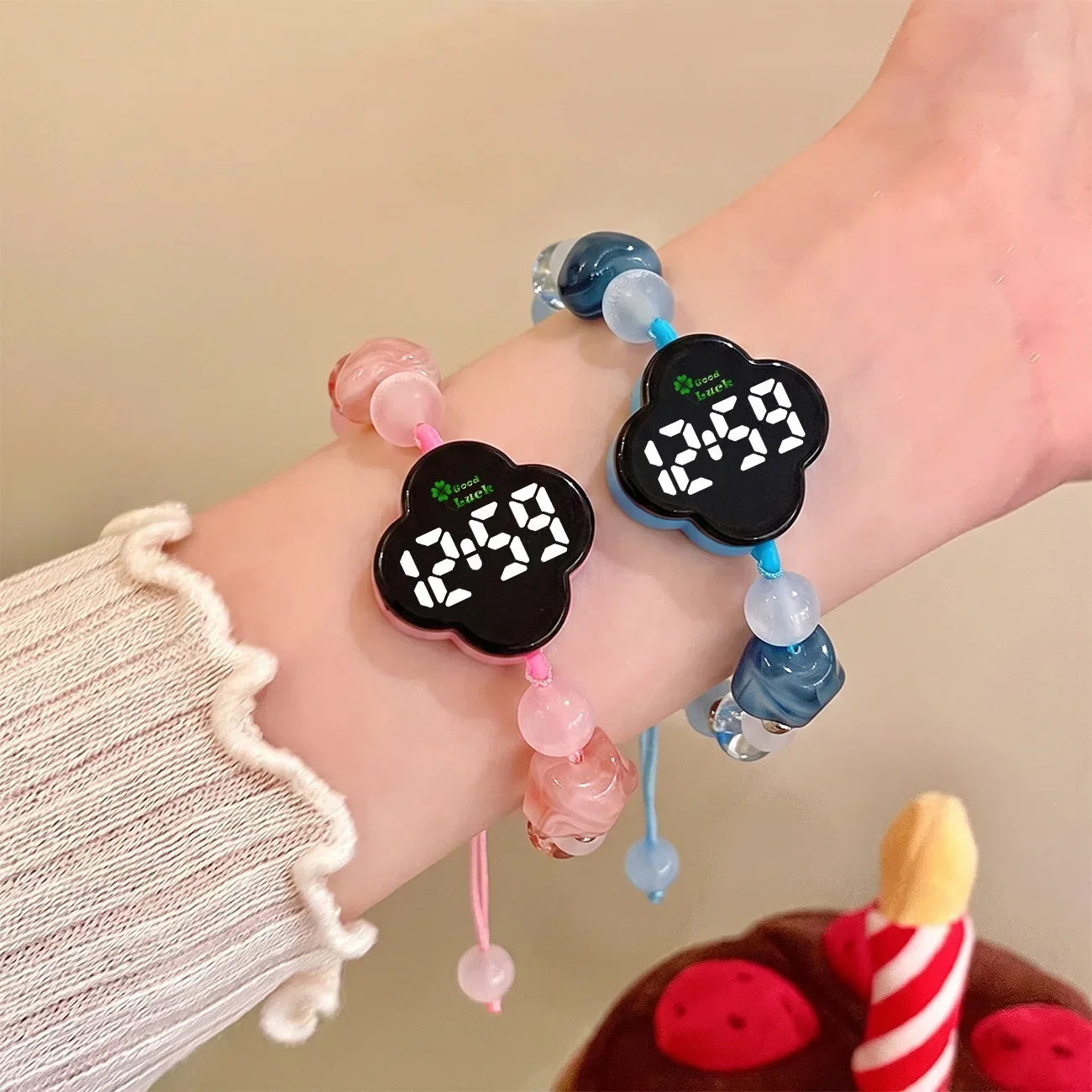 Handmade Braided Four-Leaf Clover LED Digital Bracelet Watch, Colorful Beaded Adjustable Drawstring Wrist Jewelry Gift
