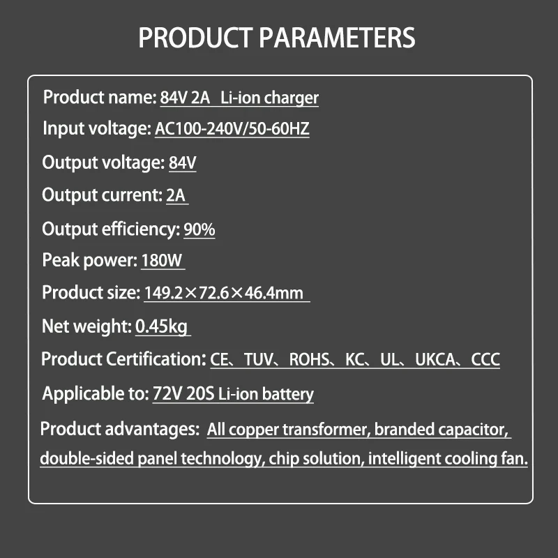 Ładowarka litowo-jonowa 72V 2A 84V 20S 20AH Ładowarka litowo-jonowa 72V2A 3pin XT60 DC — zdjęcie produktu 2
