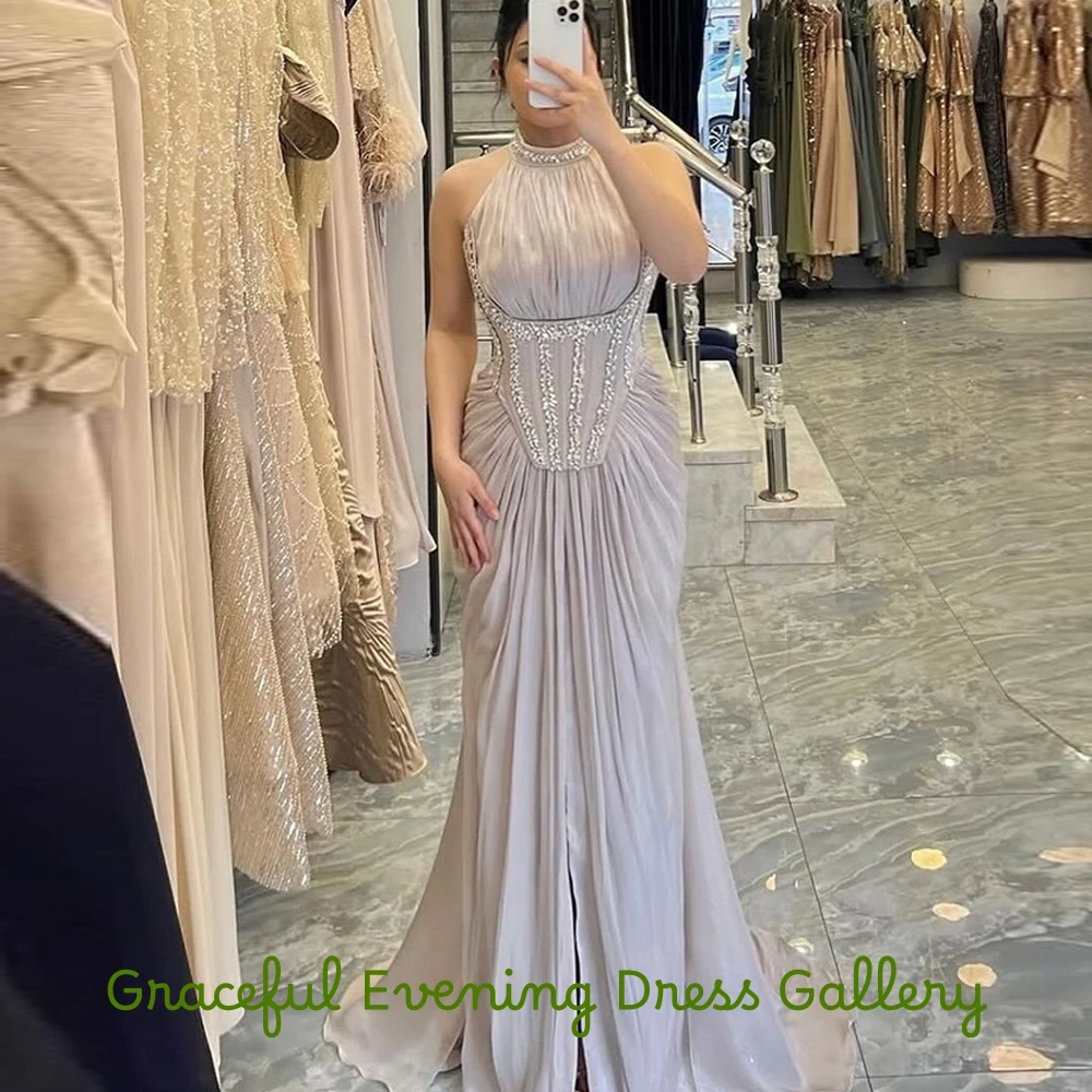 Sexy Panel Train Evening Dress Exquisite Halter Beading Customized Celebrity Gowns Luxury Organza Special Occasion Gown