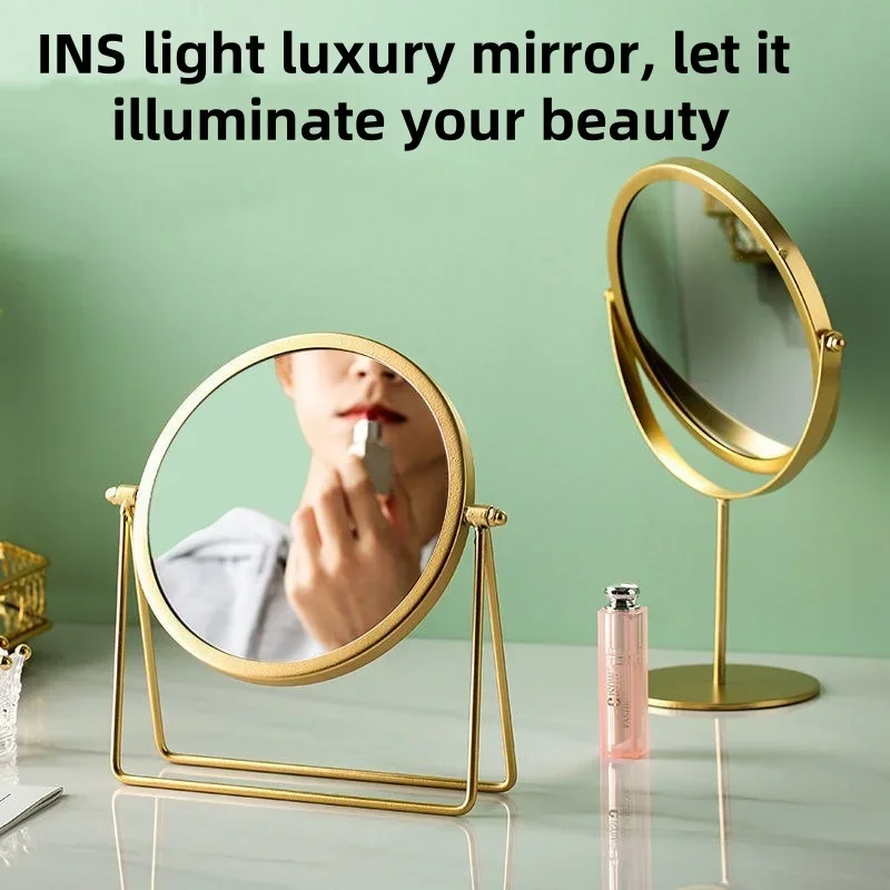 

Light Luxury Vanity Mirror, Rotatable Desktop Beauty Mirror, Wrought Iron Student Dormitory Circular Makeup Mirror