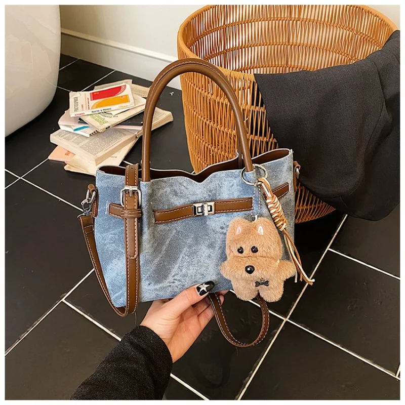 

Retro Denim Bucket Bag, Leather Accent , Versatile Shoulder & Crossbody Everyday Purse Crossbody Purse for Daily Casual Use