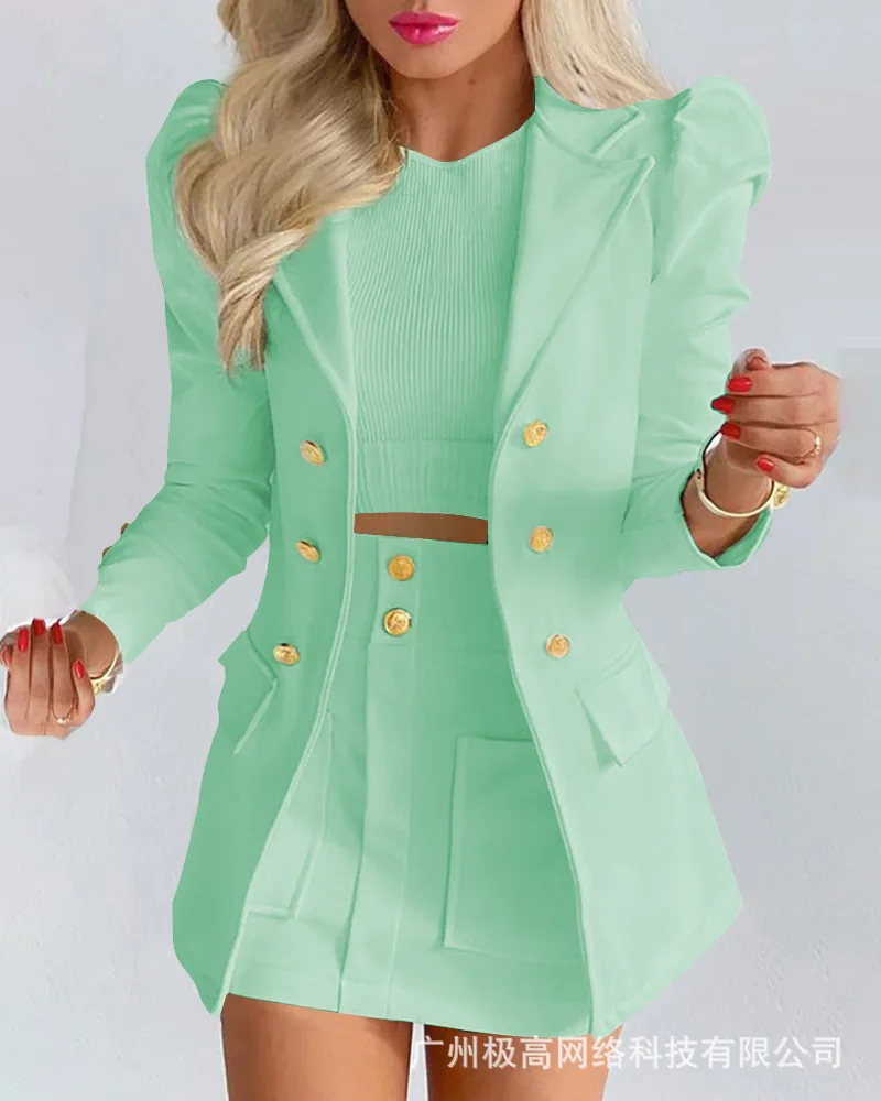 

Women's 2022 Spring and Autumn Jacket + skirt Two-piece Solid Color Puff Sleeve Suit and Skirt Two-piece Set Fashion New