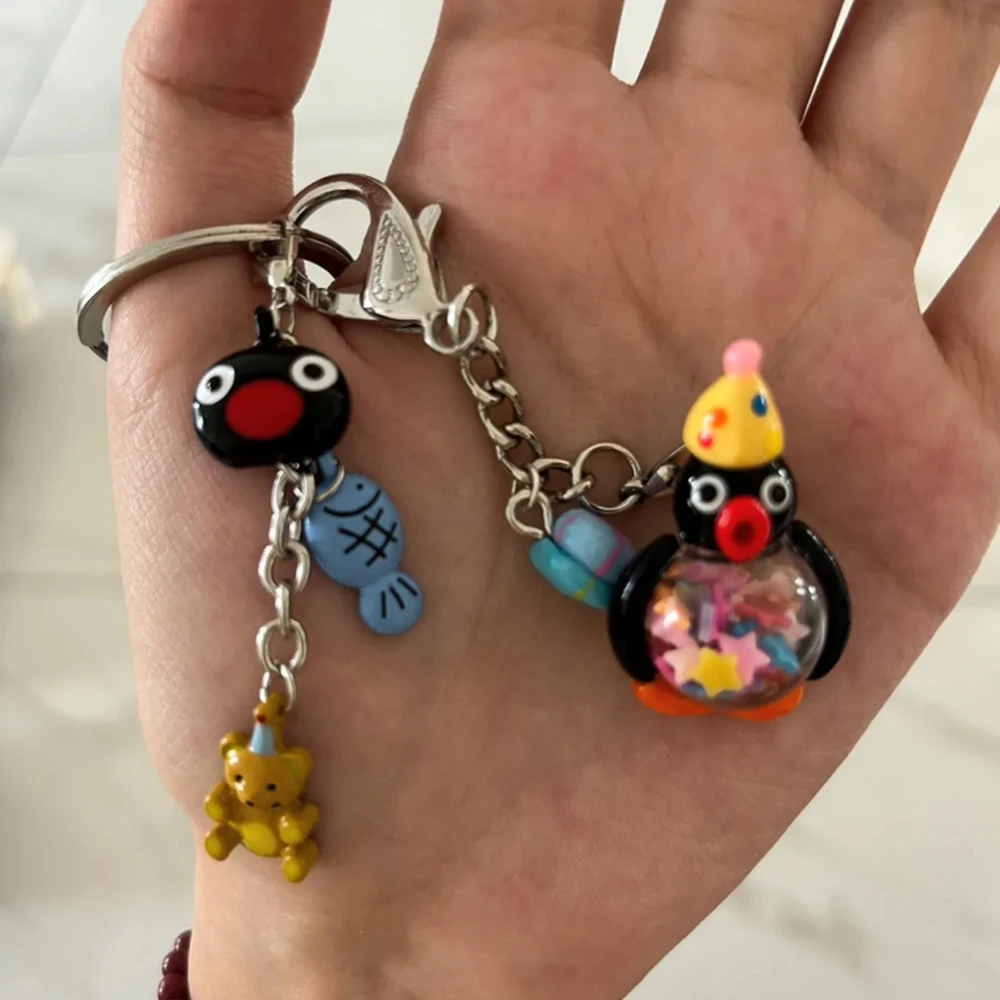 Cartoon Pingu Phone Chain Penguin Family Backpack Pendant Kawaii Keychain Cute Hand Drawn Beads Accessories Hanging Chain Gift