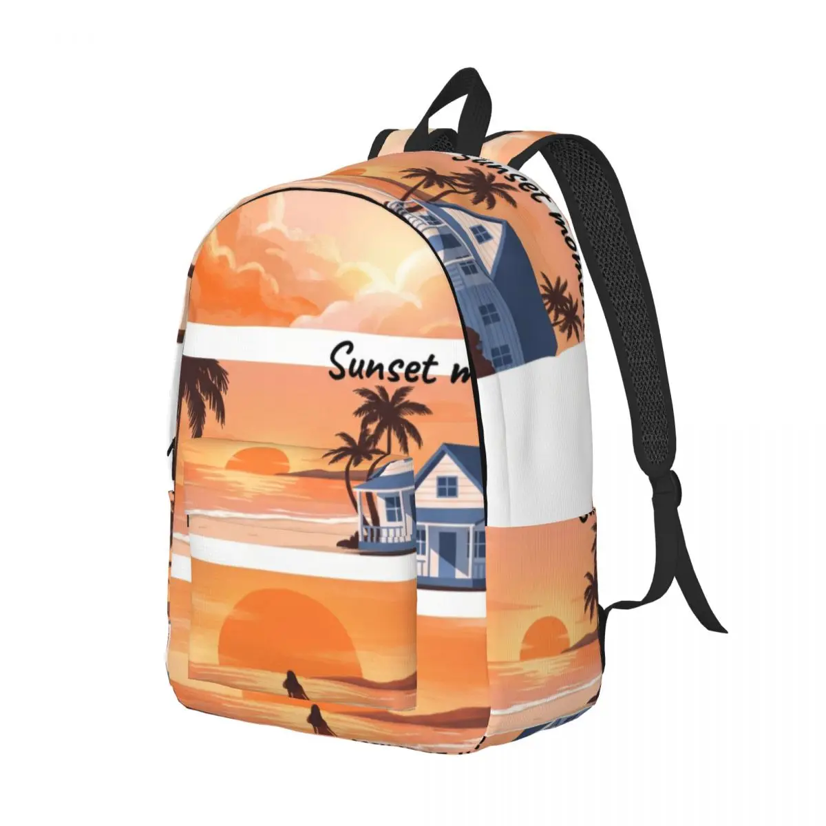 Student Backpack Center Landscape Panels Modern Aesthetic Vivid Orange Soft Peach White Cute Daypack for College Class Weekend