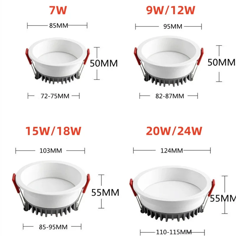 Luces LED antideslumbrantes empotradas regulables, lámparas de fondo para techo, iluminación interior, CA 85-265V, 7W9W12W15W18W20W COB