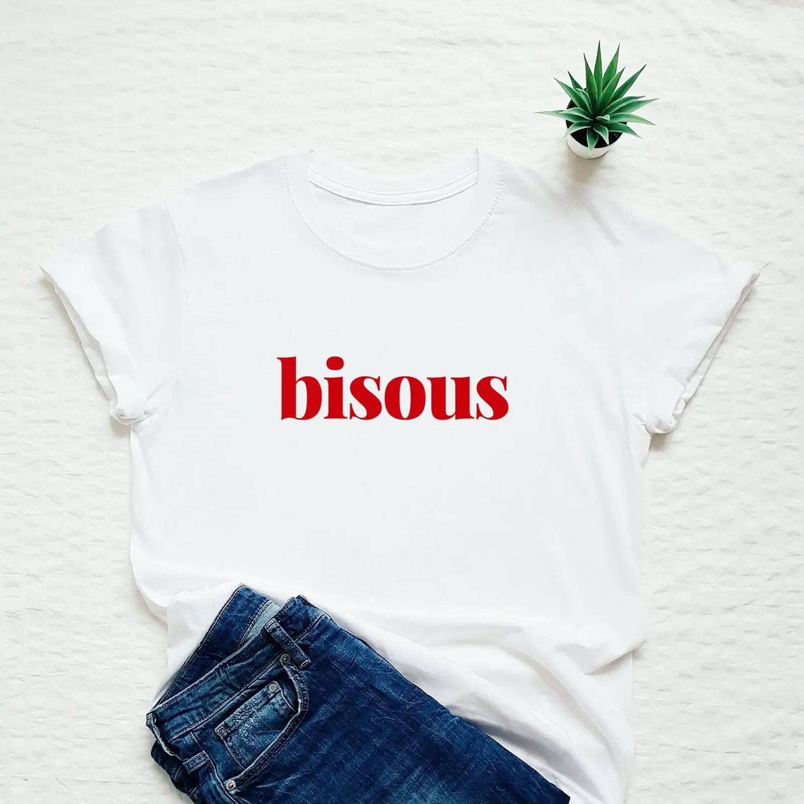 Футболка Bisous с французской надписью T kiss kisses France Paris, винтажная, стильная, дышащая, уличная одежда, универсальная.