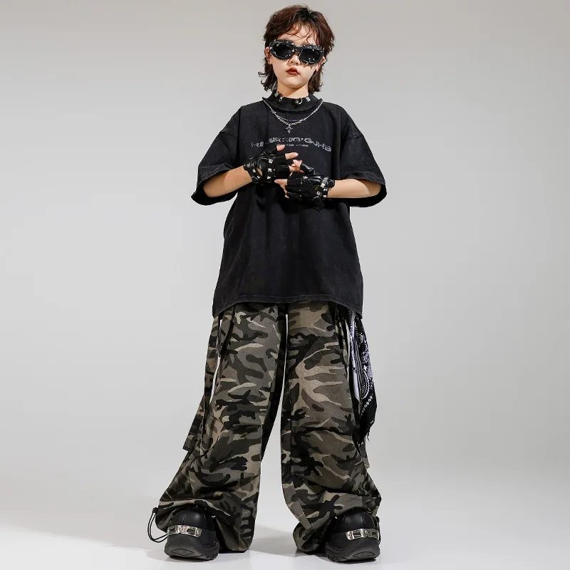 키즈 K팝 힙합 의류 블랙 목넥 티셔츠 탑 카모 캐주얼 스트랩 파라슈트 카고 팬츠 남아 여아 댄스 의상 옷
