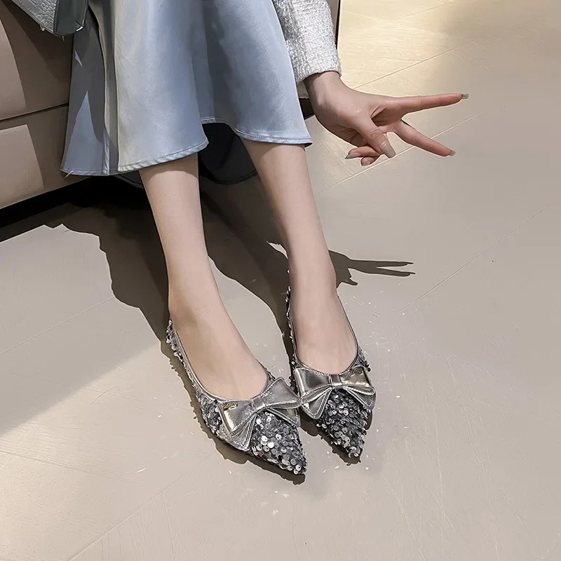 2024Women's Mature Shoes Sequined Butterfly-knot Decoration Pointed Toe Flat Spring New Fashion Style Soft Bottom Bow Women Shoe