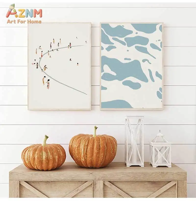 AZNM Minimalist Neutral Summer Canvas Print Palm Tree Poppy Swimmers Green Chair Soft Pastel Boho Living Room Gallery Wall Decor