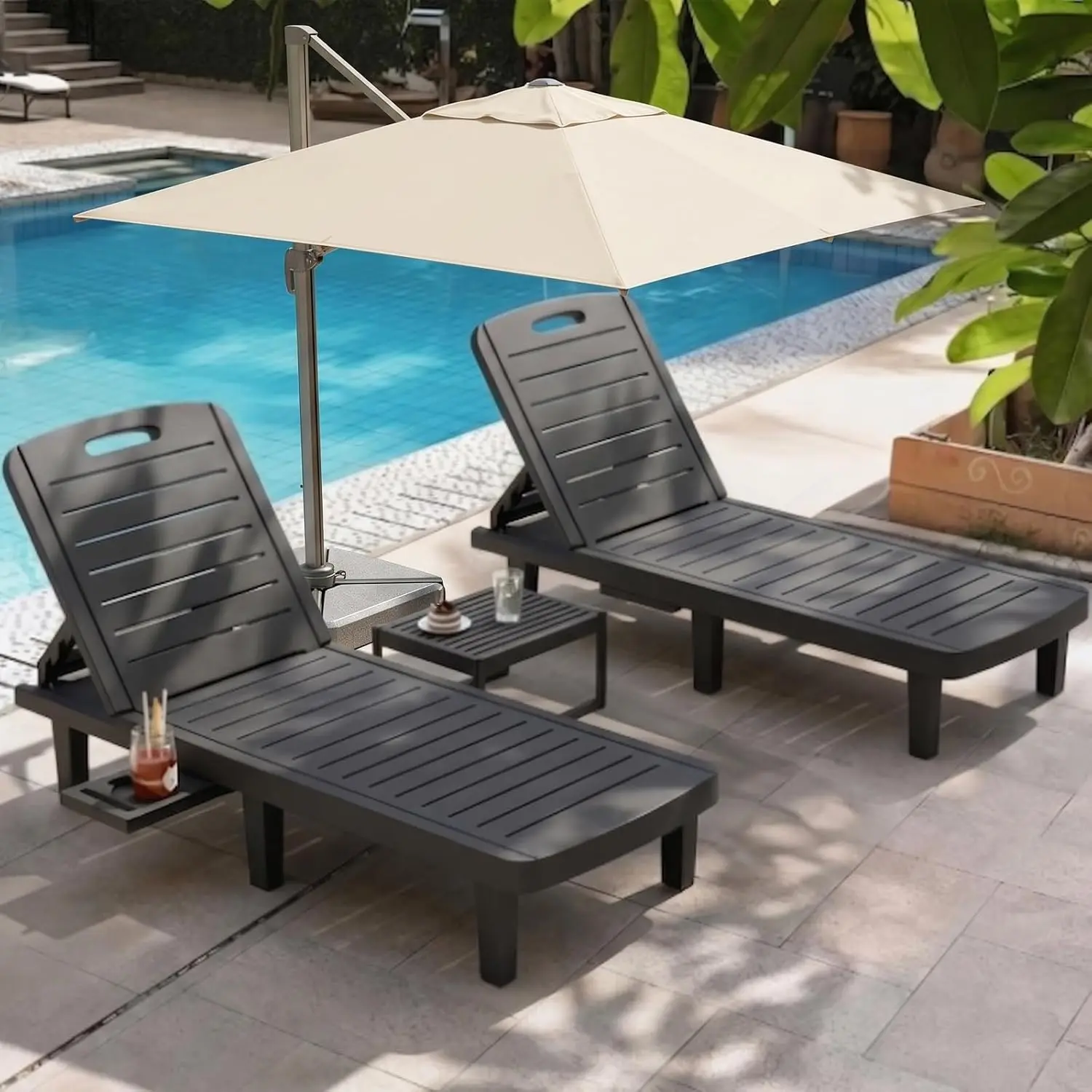 Outdoor Chaise Lounge Chairs Set of 2, Oversized Lounge Chairs with 5-Level Adjustable Backrest & Cup Holder, Resin, Customized