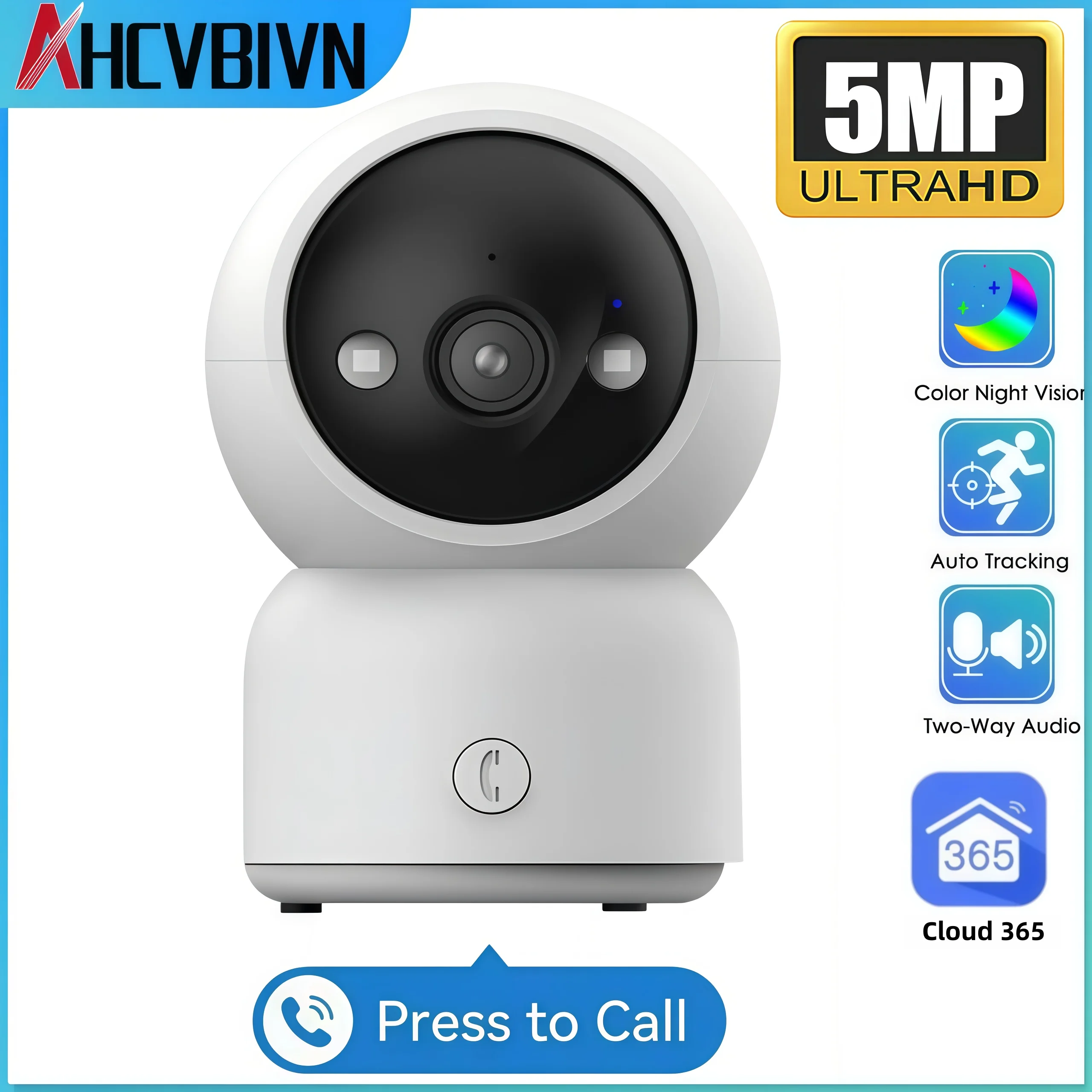 Mini 5MP Cloud365 APP One-Click Call WIFI IP Camera Pet & Baby Monitor Surveillance Auto Tracking 360° Pan & Tilt Two-Way Audio