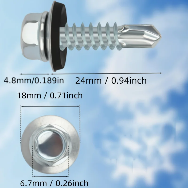 100 Set of Stainless Steel Self-Tapping Screws, Waterproof, Anti-Rust with Washer, Suitable for Outdoor Metal Roofs