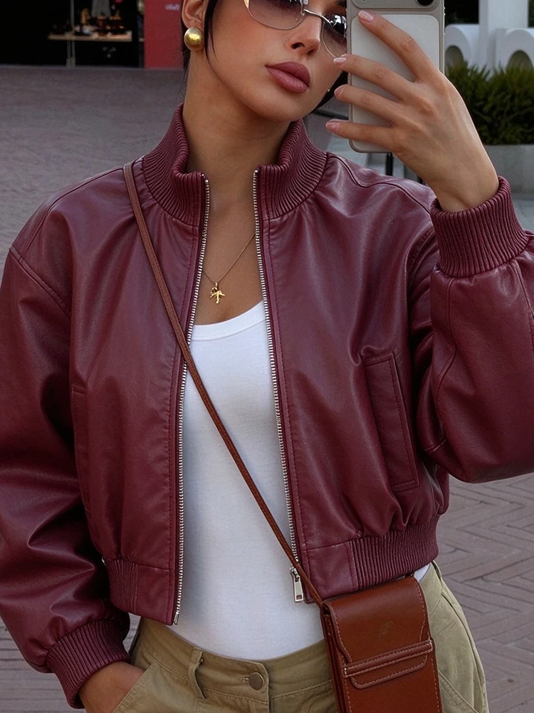 TFMLN Women's Pilot Jackets Autumn Fashion Solid Short Coats Chic Faux Leather Streetwear Zip Up Jackets Casual Outerwear