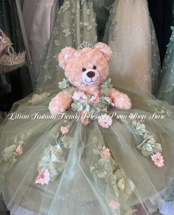 

Светло-зеленое изысканное мини-платье Quinceanera с плюшевым мишкой 2025, роскошное пышное платье с 3D цветочной аппликацией по индивидуальному заказу