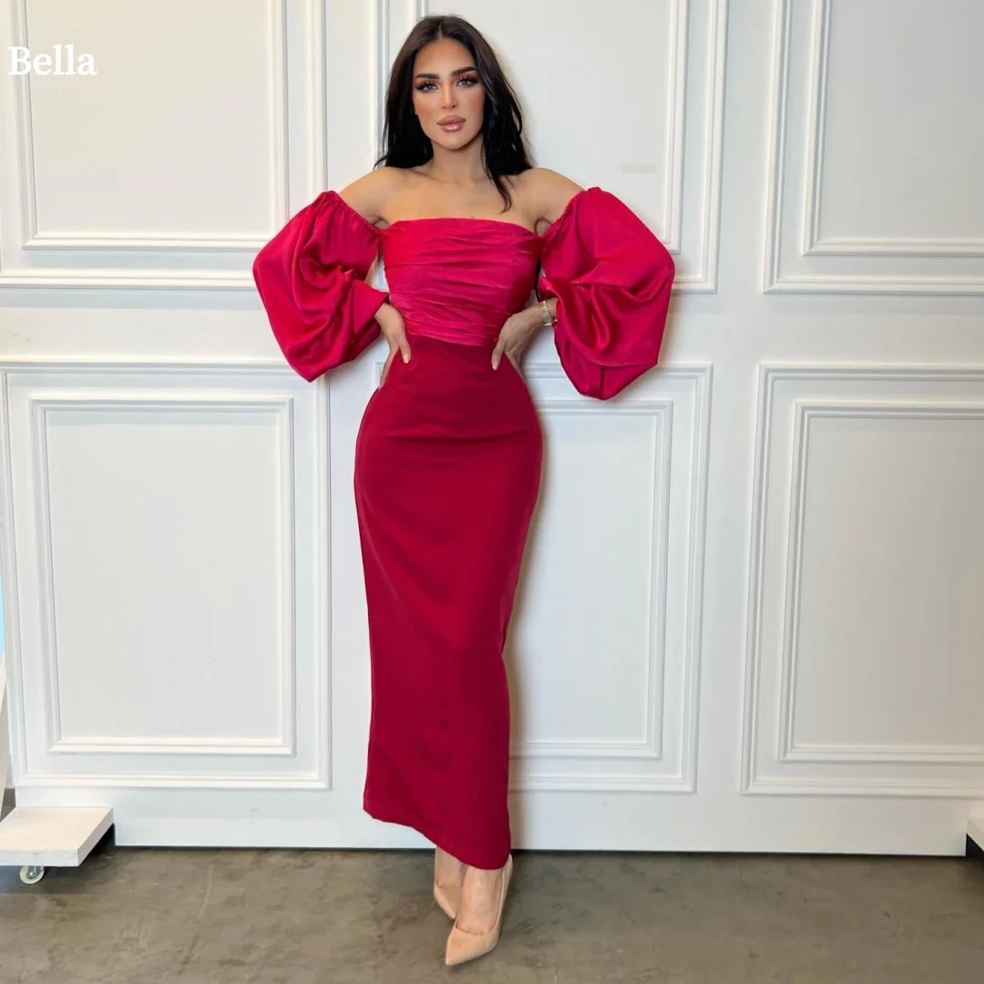 

Bella Customized Red Off The Shoulder Puff Sleeve robes de soirée Strapless Backless Party Dresses Ankle-Length Prom Dress 2025