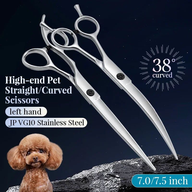 

Professional JP VG10 Steel Left Hand 7/7.5 Inch Super Curved 38°/Straight Pet Dog Grooming Scissors Shears Pet Dog Scissors