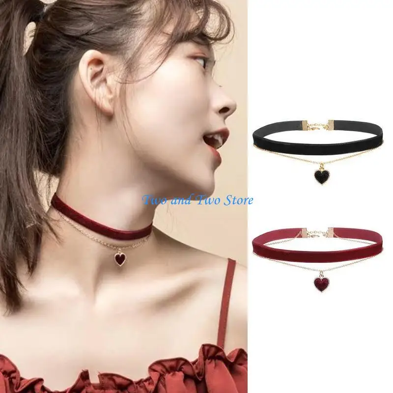 HX6F Heart Pendant Choker Collar Novelty Double Layer Necklace Adjustable Clavicle Chain Sexy Short Chain Jewelry Charms