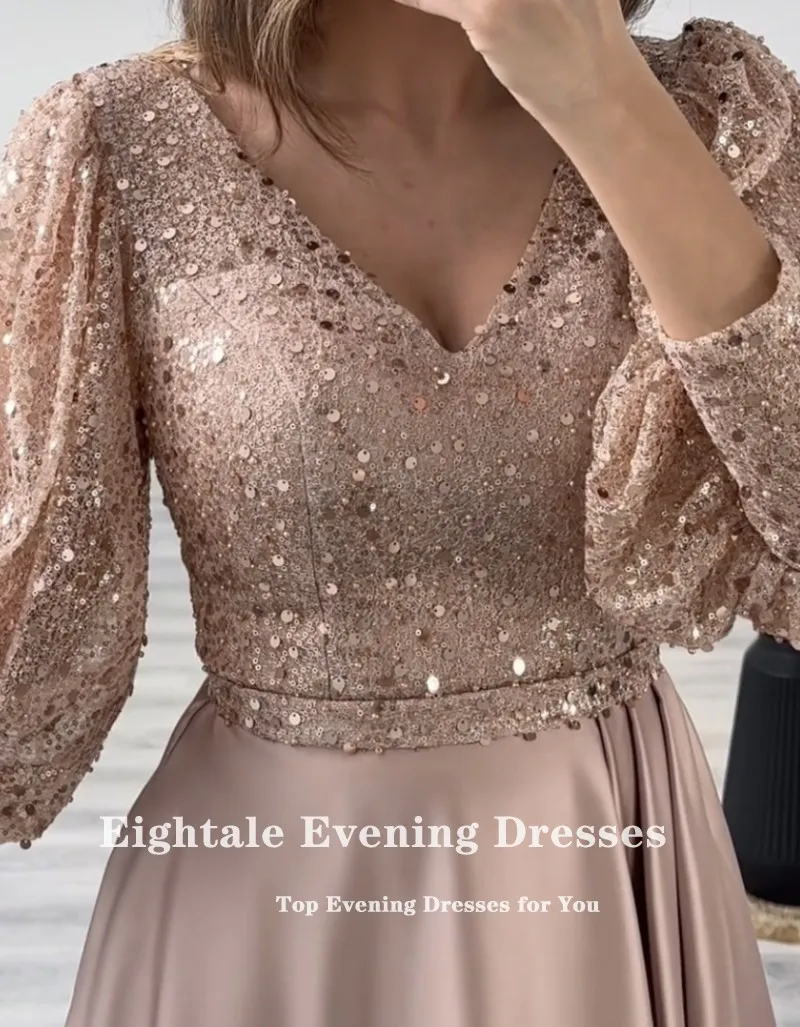 Eightale Elegant Evening Dress Customized Rose Champagne Long Puffy Sleeves Belt A-Line Formal Prom Wedding Party Gowns 2024