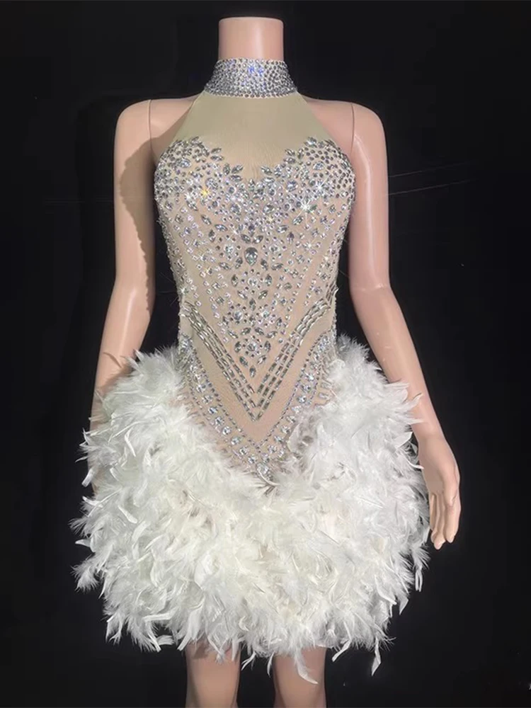 

High Quality Hot Stamping Sexy Hanging Neck Feather Splicing Dress 2024 New Fashionable Custom Women'S Clothing