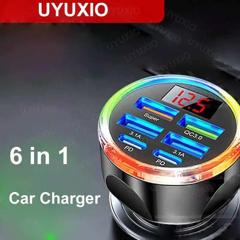 UYUXIO Multi-Port-USB-C-Autoladegerät-Adapter, 6-in-1, mit Spannungsanzeige, Schnellladung mit Voltmeter für iPhone 17 16 Samsung