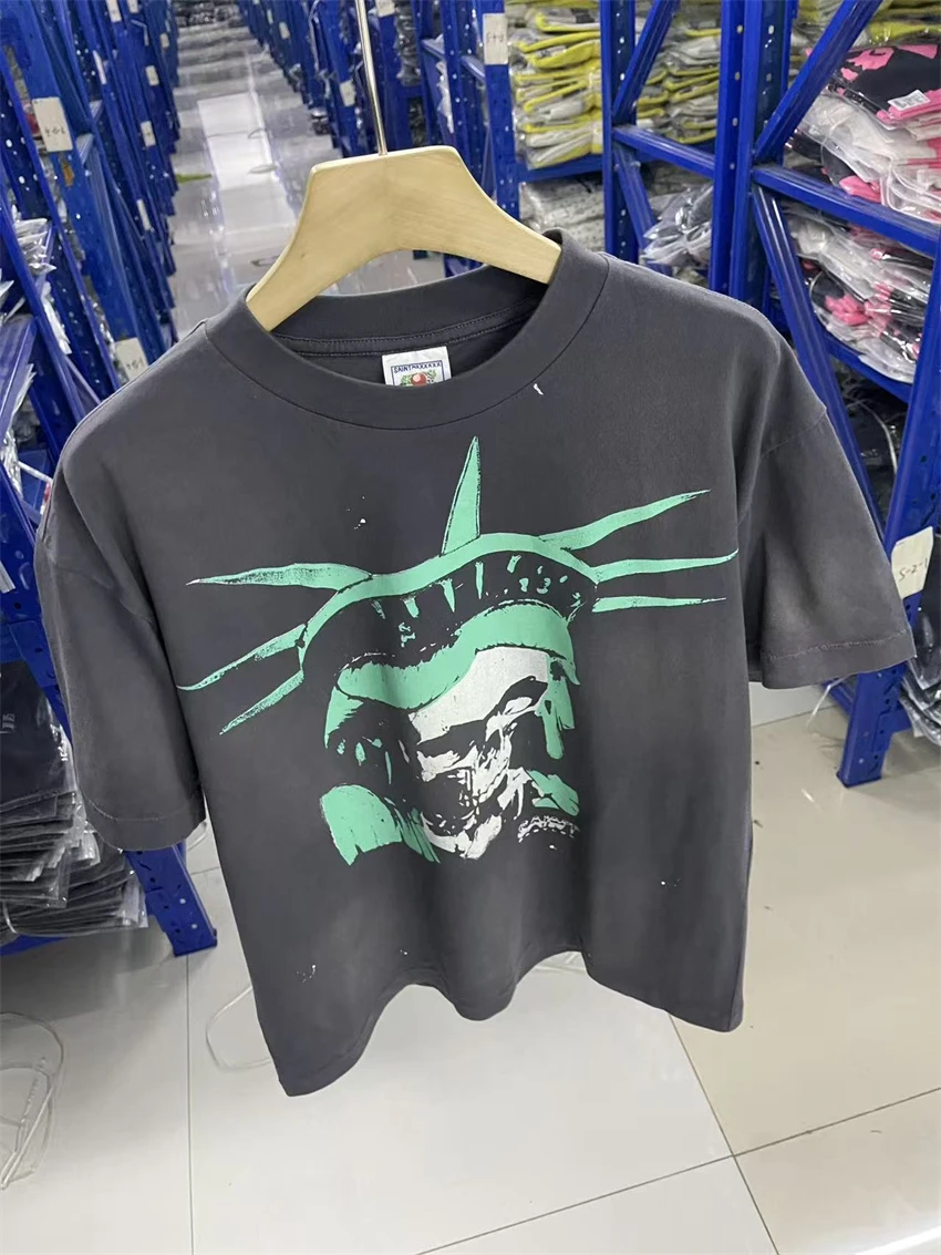 

Vintage SAINT Washed Free Skeleton Printed Pure Cotton Short Sleeved Street Versatile Sports Leisure Oversize Men Women T-shirt