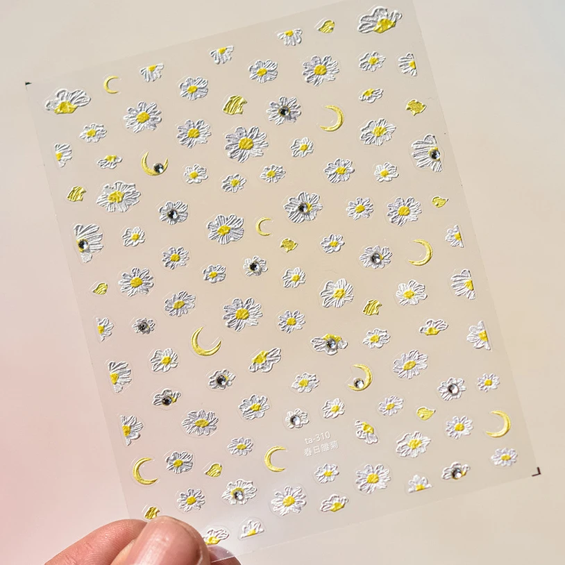 Bright Yellow White Wild Daisy Flowers Embroidery Moon Star Rhinestone Self Adhesive Nail Art Decoration Sticker Manicure Decals