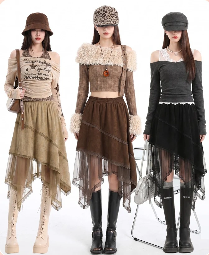 2026 Damen-Midirock mit Wildleder-Optik und Spitzenbesatz, Vintage-Brauntöne, elastischer Bund, unregelmäßiger Saum, Tüll, A-Linie, lässiger Halbrock – Detail 1