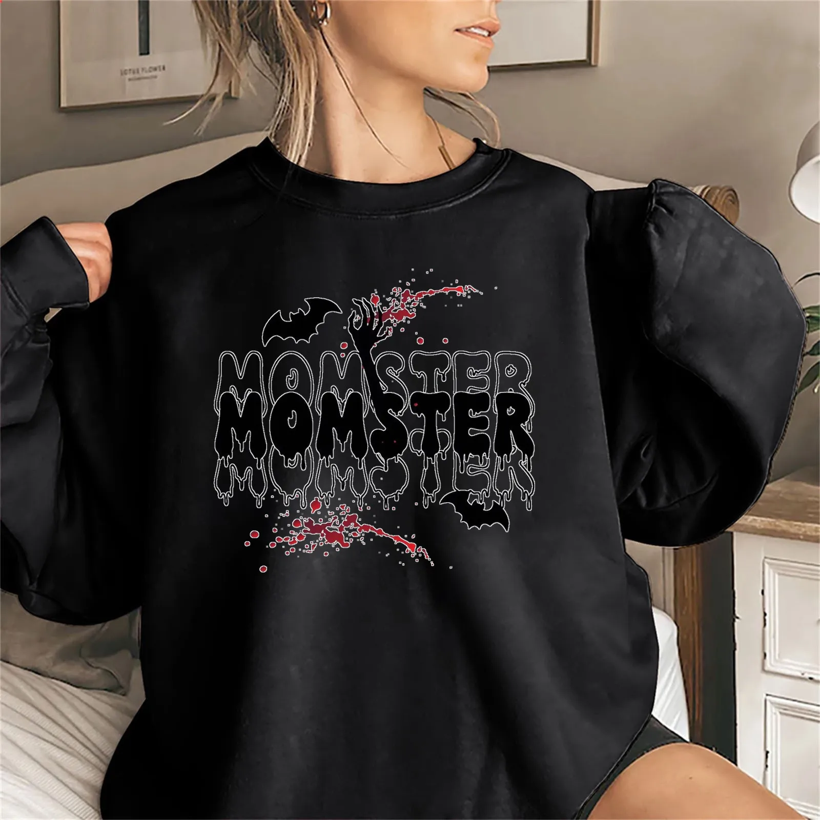 Women'S Halloween Printed Hoodie MOMSTER Letters Bat Print Personality Trend Pullover Round Neck Long Sleeve Fashion Hoodie