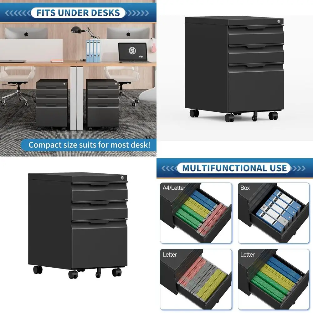 

Mobile Vertical Metal File Cabinet with Lock, 3-Drawer for Legal/Letter/A4 Files - Black, Assembly Required